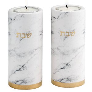 Picture of Ceramic Shabbos Candlestick 2 Piece Set Marble Design Gold Accent